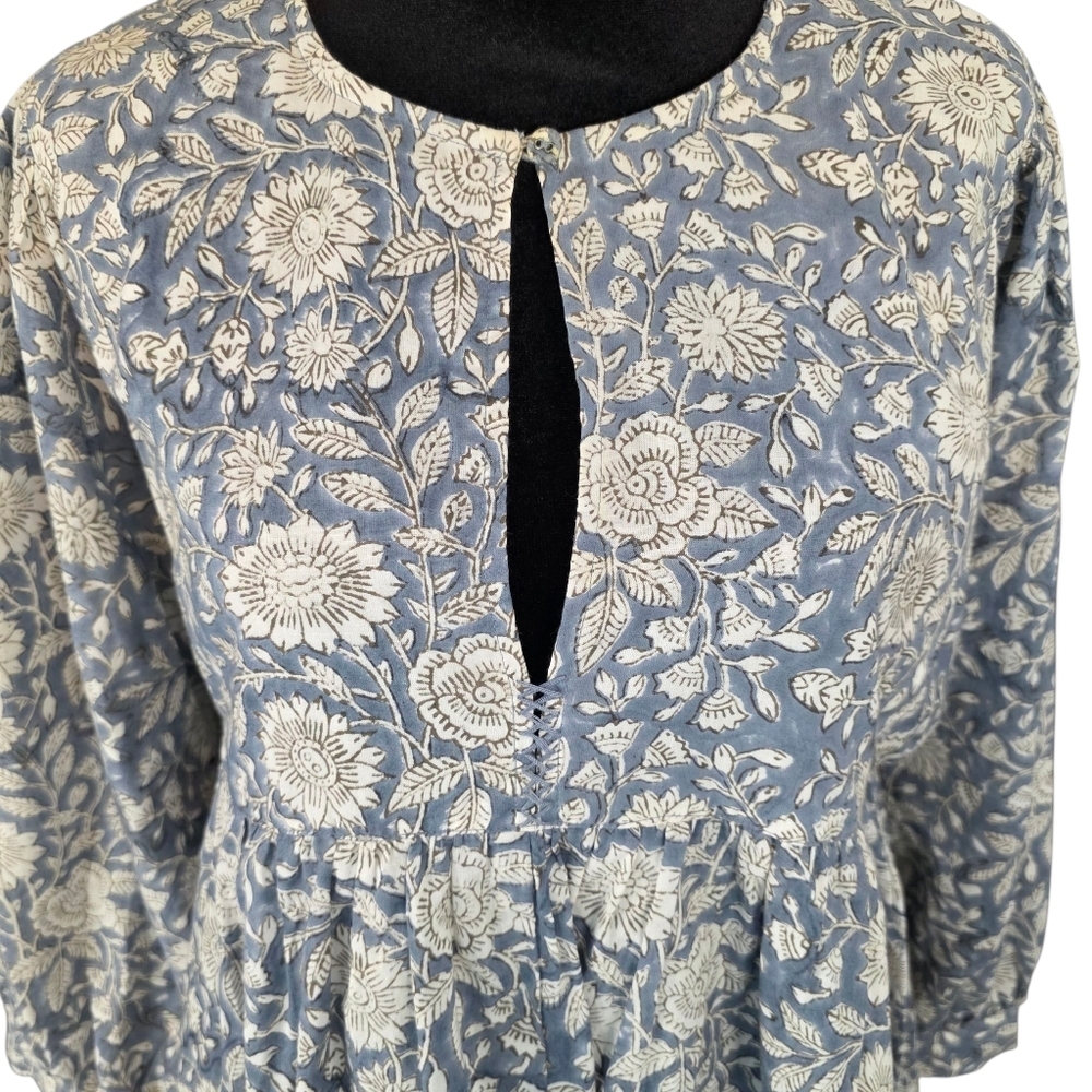 Beau & Ro Dusty Blue Floral Hand Block Print Cotton Boho Peasant Dress Small - Picture 3 of 11
